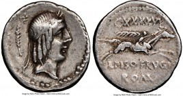 L. Calpurnius Piso Frugi (ca. 90 BC). AR denarius (18mm, 7h). NGC VF. Rome. Laureate head of Apollo right; wreath above palm behind / L•PISO•FRVGI, ho...