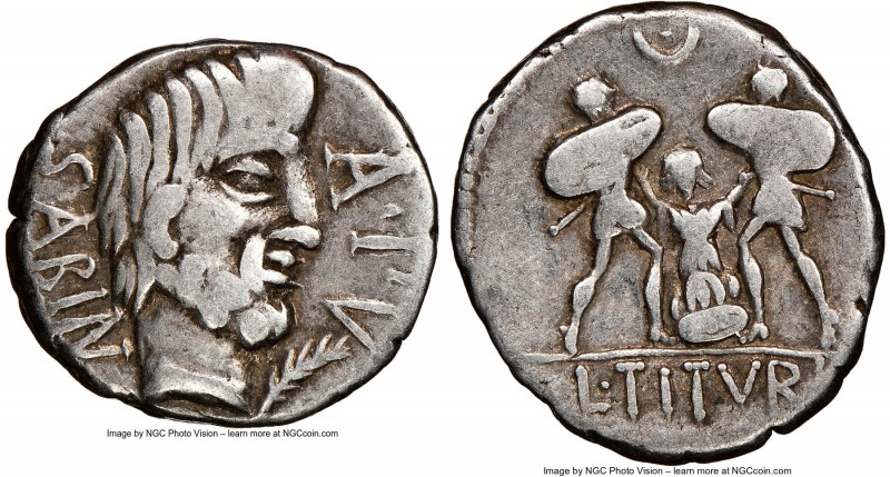 L. Titurius L.f. Sabinus (ca. 89 BC). AR denarius (18mm, 9h). NGC Choice Fine. R...