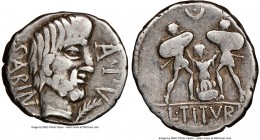 L. Titurius L.f. Sabinus (ca. 89 BC). AR denarius (18mm, 9h). NGC Choice Fine. Rome. SABIN / A•PV, bearded head of king Tatius right, palm branch befo...
