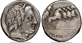 C. Gargilius, Ogulnius, and M. Vergilius (ca. 86 BC). AR denarius (18mm, 5h). NGC VF, bankers marks, punch mark. Rome. Laureate head of Apollo right; ...