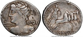 C. Licinius L.f. Macer (ca. 84 BC). AR denarius (20mm, 5h). NGC Choice Fine, punch marks, edge cut, graffito. Rome. Diademed bust of Apollo left, seen...