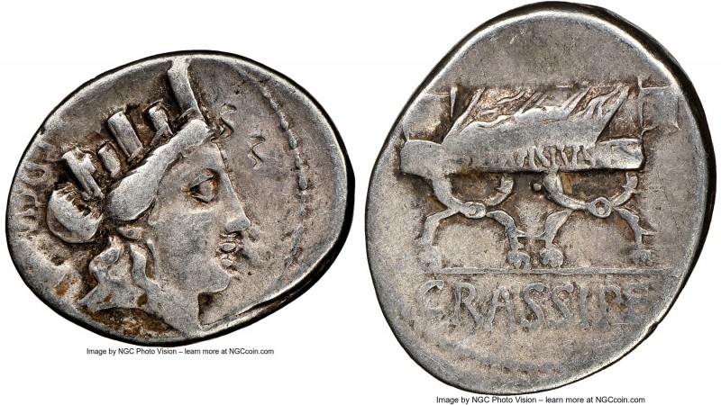 P. Furius Crassipes (ca. 84 BC). AR denarius (20mm, 8h). NGC Choice Fine, banker...