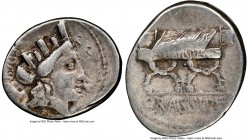 P. Furius Crassipes (ca. 84 BC). AR denarius (20mm, 8h). NGC Choice Fine, bankers marks. Rome. AED•CVR, turreted head of Cybele right; foot upwards be...