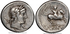 Pub. Crepusius (ca. 82 BC). AR denarius (17mm, 8h). NGC VF, brushed. Rome. Laureate head of Apollo right; scepter over shoulder; crescent below chin /...
