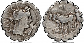 C. Marius C.f. Capito (ca. 81 BC) AR denarius serratus (20mm, 10h). NGC Choice Fine, bankers marks. Rome. CAPIT•, draped bust of Ceres right, seen fro...