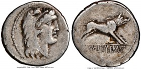 M. Volteius M.f. (78/75 BC). AR denarius (19mm, 3.80 gm, 10h). NGC VF 5/5 - 4/5. Rome. Head of young Hercules right, wearing lion skin headdress, paws...