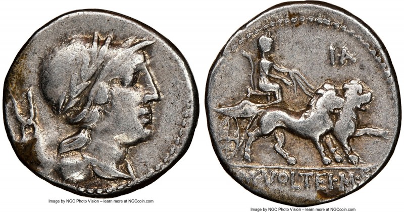 M. Volteius M.f. (78/75 BC). AR denarius (18mm, 8h). NGC VF. Rome. Laureate, hel...
