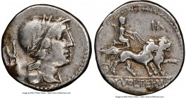 M. Volteius M.f. (78/75 BC). AR denarius (18mm, 8h). NGC VF. Rome. Laureate, helmeted and draped bust of Attis right; tongs behind / M•VOLTEI•M•F, Cyb...