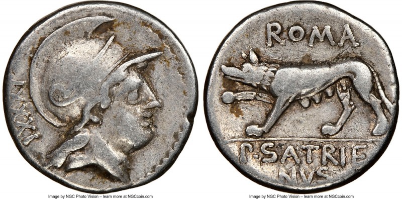 P. Satrienus (77 BC). AR denarius (17mm, 5h). NGC Choice Fine, light graffito. R...