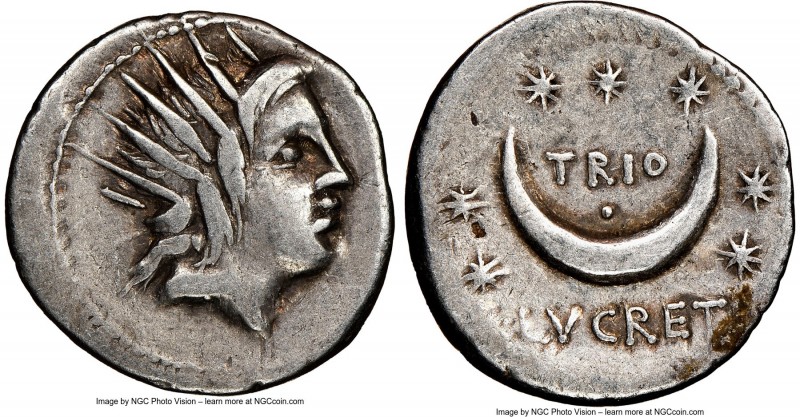 L. Lucretius Trio (ca. 76/4 BC). AR denarius (19mm, 8h). NGC VF. Rome. Radiate h...