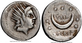 L. Lucretius Trio (ca. 76/4 BC). AR denarius (19mm, 8h). NGC VF. Rome. Radiate head of Sol right / TRIO / L•LVCRETI, crescent moon surrounded by seven...
