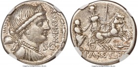 L. Farsuleius Mensor (ca. 76/5 BC). AR denarius (19mm, 6h). NGC Choice VF. Rome. MENSOR, draped bust of Libertas right, seen from front, wearing steph...