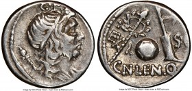 Cn. Cornelius Lentulus (ca. 76-75 BC). AR denarius (18mm, 5h). NGC VF. Uncertain mint in Spain. G•P•R, diademed and draped bust of bearded Genius Popu...