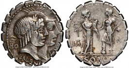 Q. Fufius Calenus & Mucius Cordus (ca. 70/68 BC). AR denarius serratus (19mm, 5h). NGC VF, bankers marks. Rome. KALENI, Jugate heads of Honos and Virt...