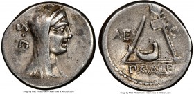 P. Sulpicius Galba (ca. 69/8 BC). AR denarius (17mm, 5h). NGC Choice VF, bankers mark. Rome. Veiled head of Vesta right; S•C behind / AE-CVR / P•GALB,...
