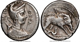 C. Hosidius C.f. Geta (ca. 68 or 64 BC). AR denarius (17mm, 10h). NGC Choice VF, graffito. Rome. GETA / III•VIR, draped bust of Diana right, seen from...