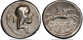 C. Calpurnius Piso L.f. Frugi (67 or 61 BC). AR denarius (19mm, 6h). NGC VF. Rome. Head of Apollo right, wearing taenia; whip behind / C•PISO•L•F•FRVG...