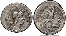 M. Plaetorius M.f. Cestianus (ca. 67 or 57 BC). AR denarius (19mm, 3h). NGC Choice VF. Rome. CESTIANVS (downwards), laureate, helmeted, draped bust ri...