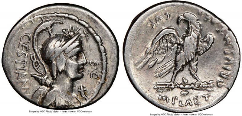 M. Plaetorius M.f. Cestianus (ca. 67 or 57 BC). AR denarius (19mm, 5h). NGC VF, ...