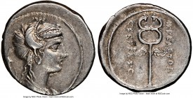 M. Plaetorius M.f. Cestianus (67 or 57 BC). AR denarius (18mm, 4h). NGC XF. Rome. Draped bust of Ceres (?) right, seen from front, hair in saccos deco...