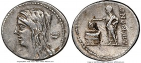 L. Cassius Longinus (63/60 BC). AR denarius (21mm, 7h). NGC Choice VF. Rome. Draped bust of Vesta left, wearing veil of unusual style as flowing hair;...
