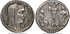 L. Aemilius Lepidus Paullus (ca. 62 BC). AR denarius (18mm, 7h). NGC Choice VF, bankers mark. Rome. PAVLLVS LEPIDVS-CONCORDIA, diademed, veiled head o...