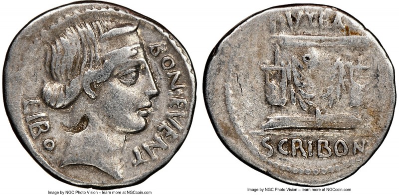 L. Scribonius Libo (ca. 62 BC). AR denarius (20mm, 4h). NGC VF, bankers mark, pu...