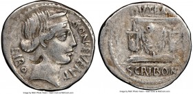 L. Scribonius Libo (ca. 62 BC). AR denarius (20mm, 4h). NGC VF, bankers mark, punch mark. Rome. LIBO (downwards) behind, BON•EVENT (downwards) before,...