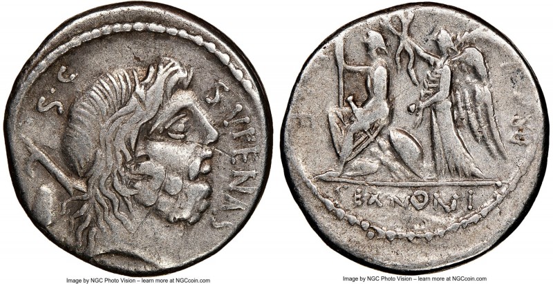 M. Nonius Sufenas (ca. 59/57 BC). AR denarius (17mm, 5h). NGC VF, bankers mark, ...