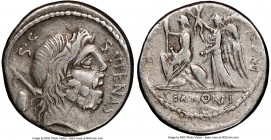 M. Nonius Sufenas (ca. 59/57 BC). AR denarius (17mm, 5h). NGC VF, bankers mark, scratches. Rome. SVFENAS-S•C, head of Saturn right; harpa above stone ...