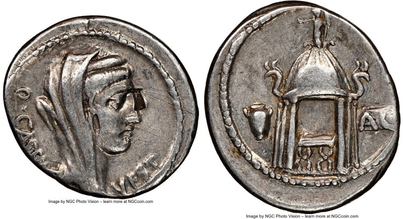 Q. Cassius Longinus (ca. 55 BC). AR denarius (19mm, 3h). NGC VF, bankers mark, s...