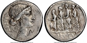 Q. Servilius Caepio (M. Junius) Brutus, as Moneyer (54 BC). AR denarius (19mm, 4.22 gm, 11h). NGC Choice VF 4/5 - 3/5, bankers mark. Rome. LIBERTAS, h...
