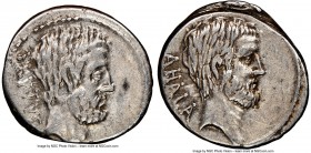 Q. Servilius Caepio (M. Junius) Brutus, as Moneyer (54 BC). AR denarius (18mm, 4.10 gm, 4h). NGC VF 5/5 - 4/5. Rome. BRVTVS, bare head of L. Junius Br...