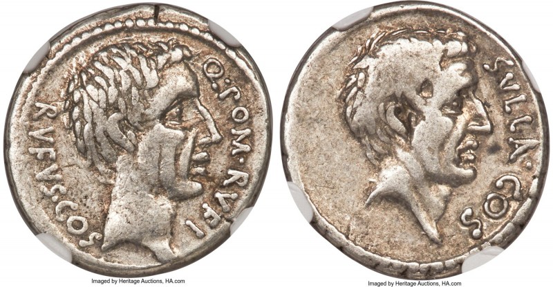 Q. Pompeius Rufus (ca. 54 BC). AR denarius (18mm, 3.86 gm, 5h). NGC VF 4/5 - 4/5...