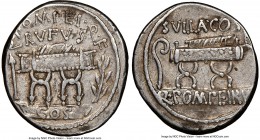 Q. Pompeius Rufus (ca. 54 BC). AR denarius (19mm, 4.01 gm, 1h). NGC XF 4/5 - 4/5. Rome. Q•POMPEI•Q•F / RVFVS, curule chair set on tablet inscribed COS...