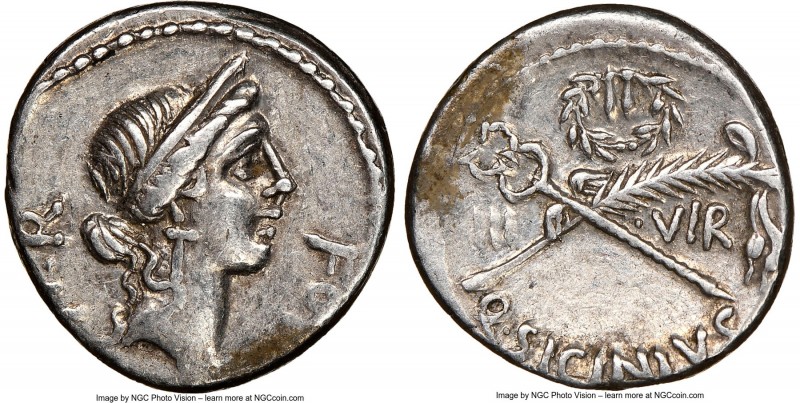 Q. Sicinius (ca. 49 BC). AR denarius (17mm, 9h). NGC XF. Rome. FORT-P•R, head of...