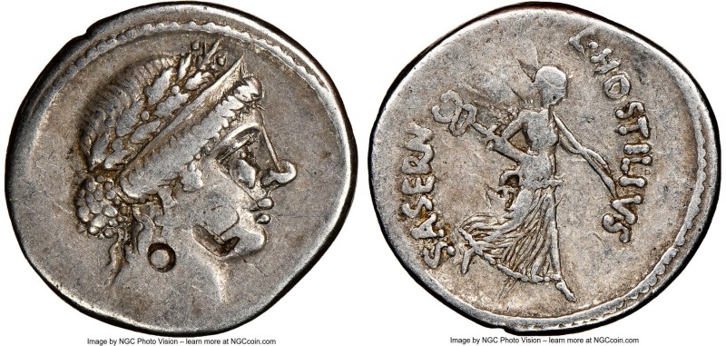 L. Hostilius Saserna (48 BC). AR denarius (19mm, 7h). NGC VF, bankers mark, scra...