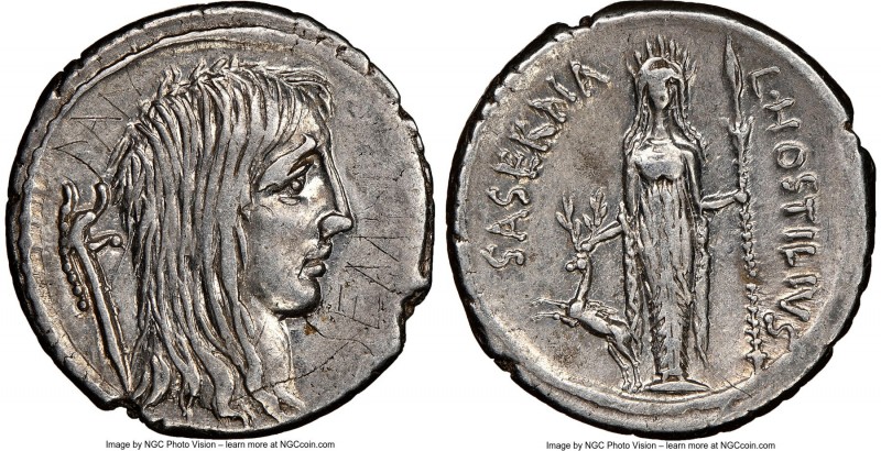L. Hostilius Saserna (48 BC). AR denarius (20mm, 4.08 gm, 6h). NGC Choice XF 5/5...
