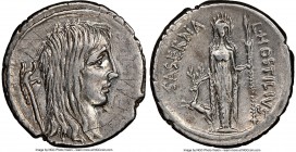 L. Hostilius Saserna (48 BC). AR denarius (20mm, 4.08 gm, 6h). NGC Choice XF 5/5 - 2/5, graffiti. Rome. Head of Gallic female captive with untrimmed h...