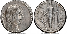 L. Hostilius Saserna (48 BC). AR denarius (18mm, 6h). NGC Choice VF. Rome. Head of Gallic female captive right, with untrimmed hair; carnyx right behi...