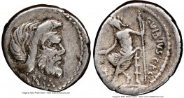 C. Vibius C.f. C.n. Pansa Caetronianus (ca. 48 BC). AR denarius (18mm, 7h). NGC VF, bankers mark. Rome. PANSA, mask of Pan right; pedum behind / C•VIB...