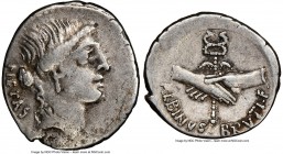 Albinus Bruti f. (ca. 48 BC). AR denarius (19mm, 8h). NGC VF. Rome. PIETAS, head of Pietas right, wearing pendant earring, strands of hair falling dow...