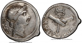 Albinus Bruti f. (ca. 48 BC). AR imitative denarius (19mm, 5h). NGC VF. Contemporary imitation of uncertain mint. IIITΛS (T inverted), head of Pietas ...
