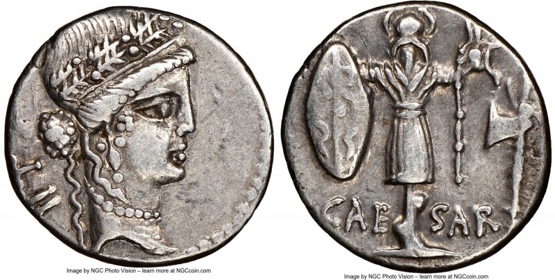 Julius Caesar, as Dictator (49-44 BC). AR denarius (18mm, 3.96 gm, 3h). NGC XF 4...