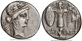 Julius Caesar, as Dictator (49-44 BC). AR denarius (18mm, 3.96 gm, 3h). NGC XF 4/5 - 4/5, light scratch. Military mint traveling with Caesar in Greece...