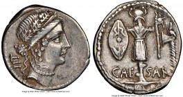 Julius Caesar, as Dictator (49-44 BC). AR denarius (19mm, 3.83 gm, 8h). NGC Choice VF 5/5 - 4/5. Military mint traveling with Caesar in Greece, Apollo...