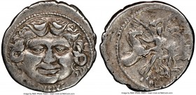 L. Plautius Plancus (47 BC). AR denarius (19mm, 2h). NGC VF, bankers marks. Rome. L•PLAVTIVS, head of Medusa facing, coiled snake on either side / PLA...