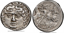 L. Plautius Plancus (47 BC). AR denarius (19mm, 3h). NGC VF. Rome. L•PLAVTIVS, head of Medusa facing, with disheveled hair and without coiled snakes /...