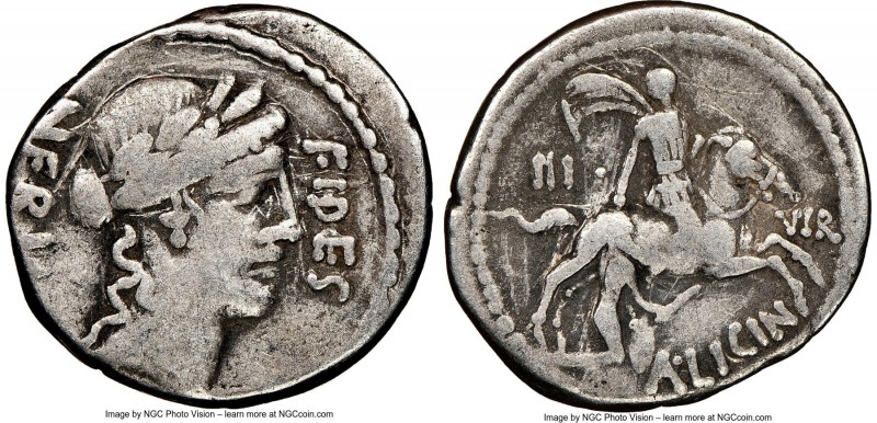 A. Licinius Nerva (ca. 47 BC). AR denarius (18mm, 8h). NGC Fine, scratches. Rome...