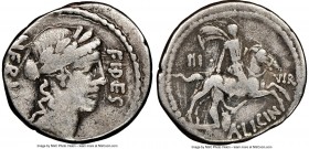 A. Licinius Nerva (ca. 47 BC). AR denarius (18mm, 8h). NGC Fine, scratches. Rome. NERVA (downward behind), FIDES (downward before), laureate head of F...
